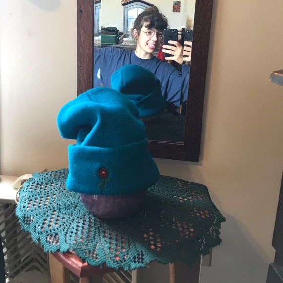 Hand embroidered red rose on blue beanie 🌊 - Picture 3 of 5